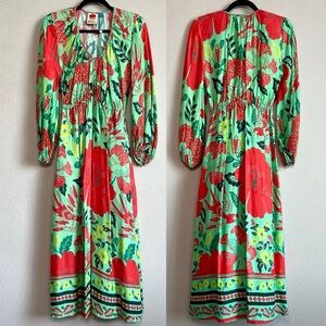 Anthropologie Farm x Poppy Print Maxi Dress Green Long Sleeve Small Petite